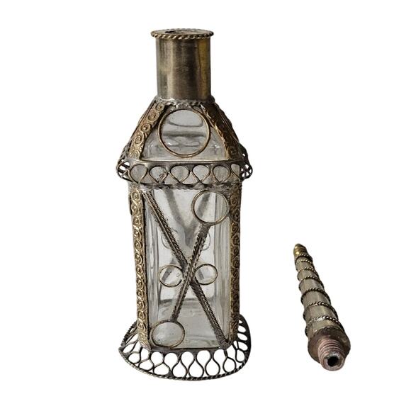 Vintage Moroccan Perfume Bottle Sprinkler Handmade Embossed Metal Work Rectangle - Picture 9 of 11